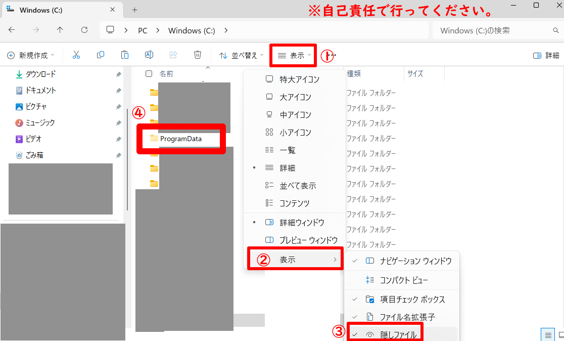隠しファイルの表示＆ProgramDataフォルダ